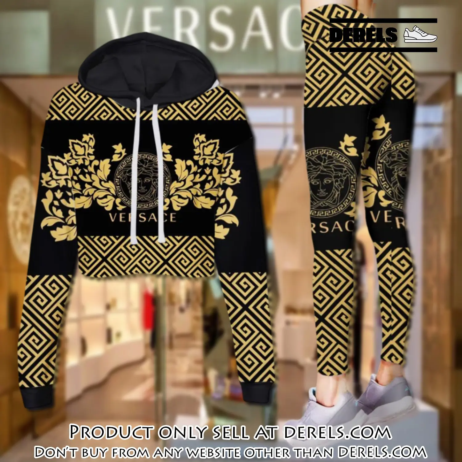 Versace medusa yellow pattern luxury brand clothes leggings and crop top set for women dr2028958